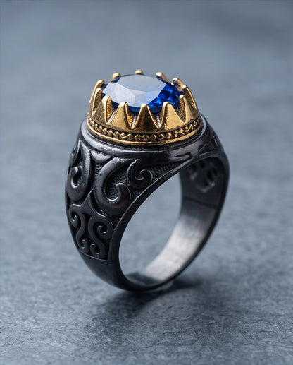 Royal Sapphire Crowned Filigree Signet Ring