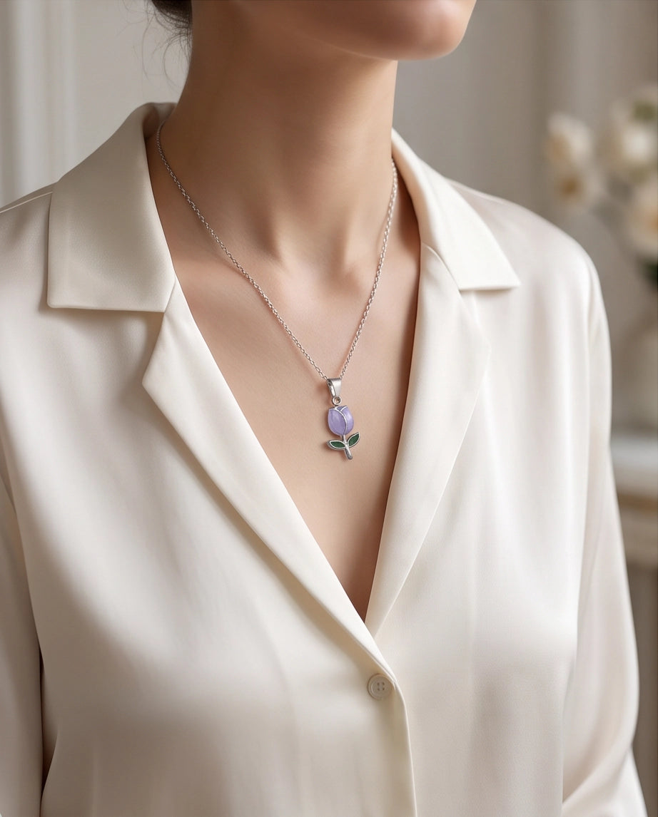 Silver Purple Enamel Tulip Pendant Necklace