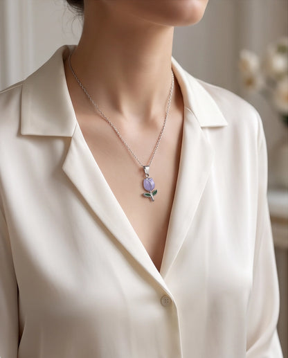 Silver Purple Enamel Tulip Pendant Necklace
