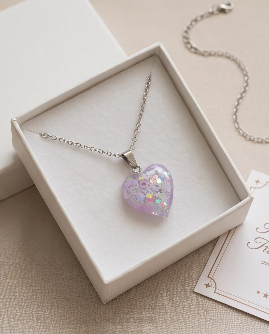 Silver Lavender Glitter Heart Resin Pendant Necklace