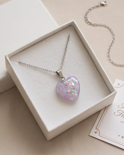 Silver Lavender Glitter Heart Resin Pendant Necklace