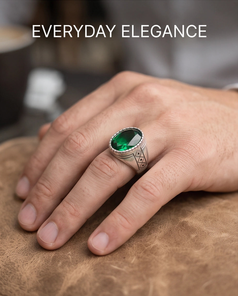 Emerald Gemstone Notched Bezel Geometric Diamond Silver Ring