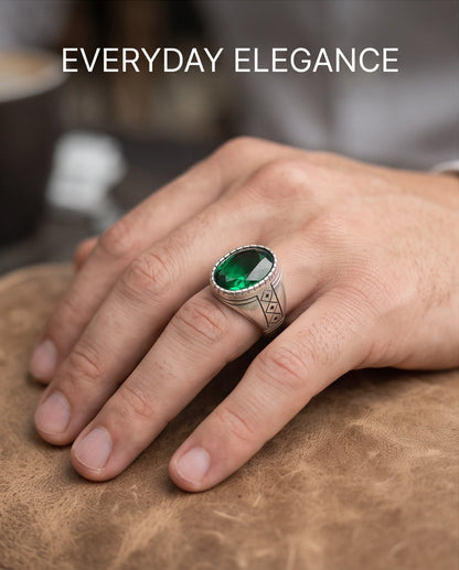 Emerald Gemstone Notched Bezel Geometric Diamond Silver Ring