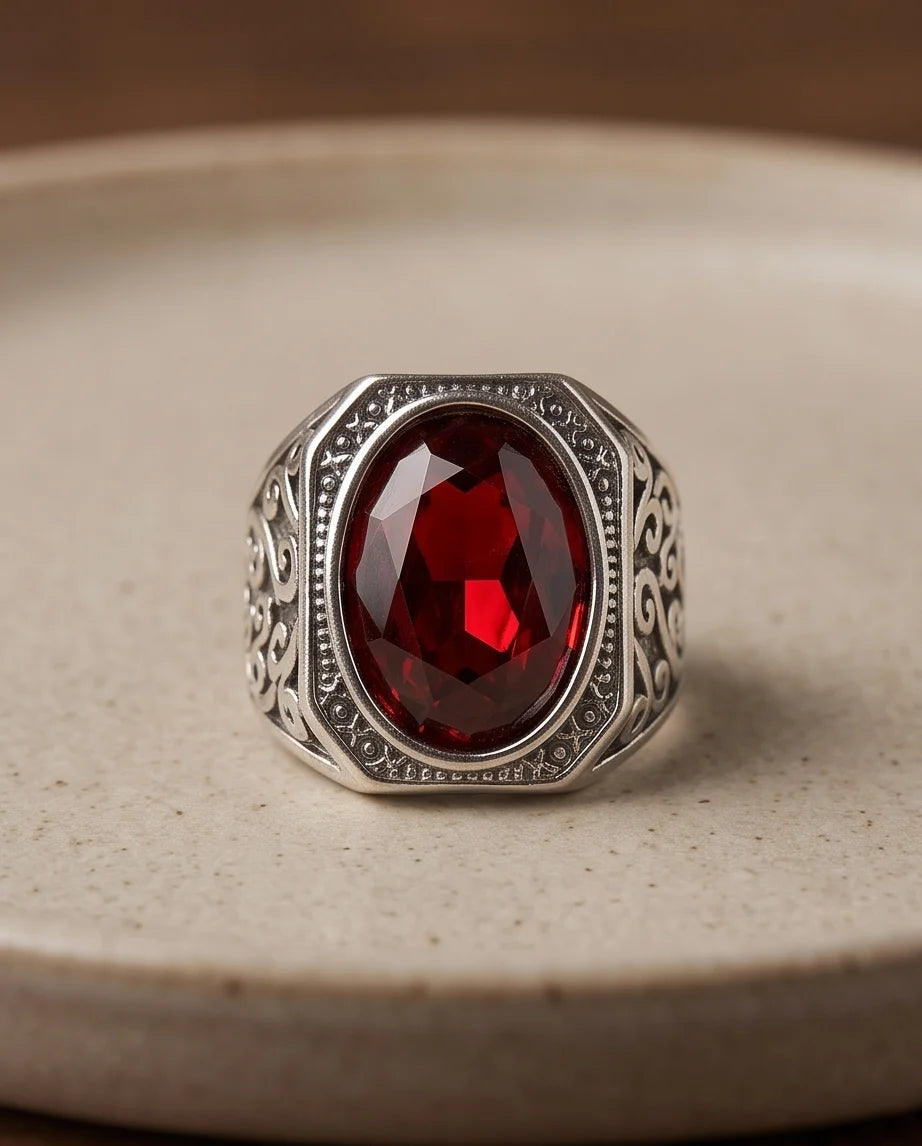 Crimson Gemstone Octagonal Bezel Scrollwork Silver Ring