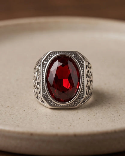 Crimson Gemstone Octagonal Bezel Scrollwork Silver Ring