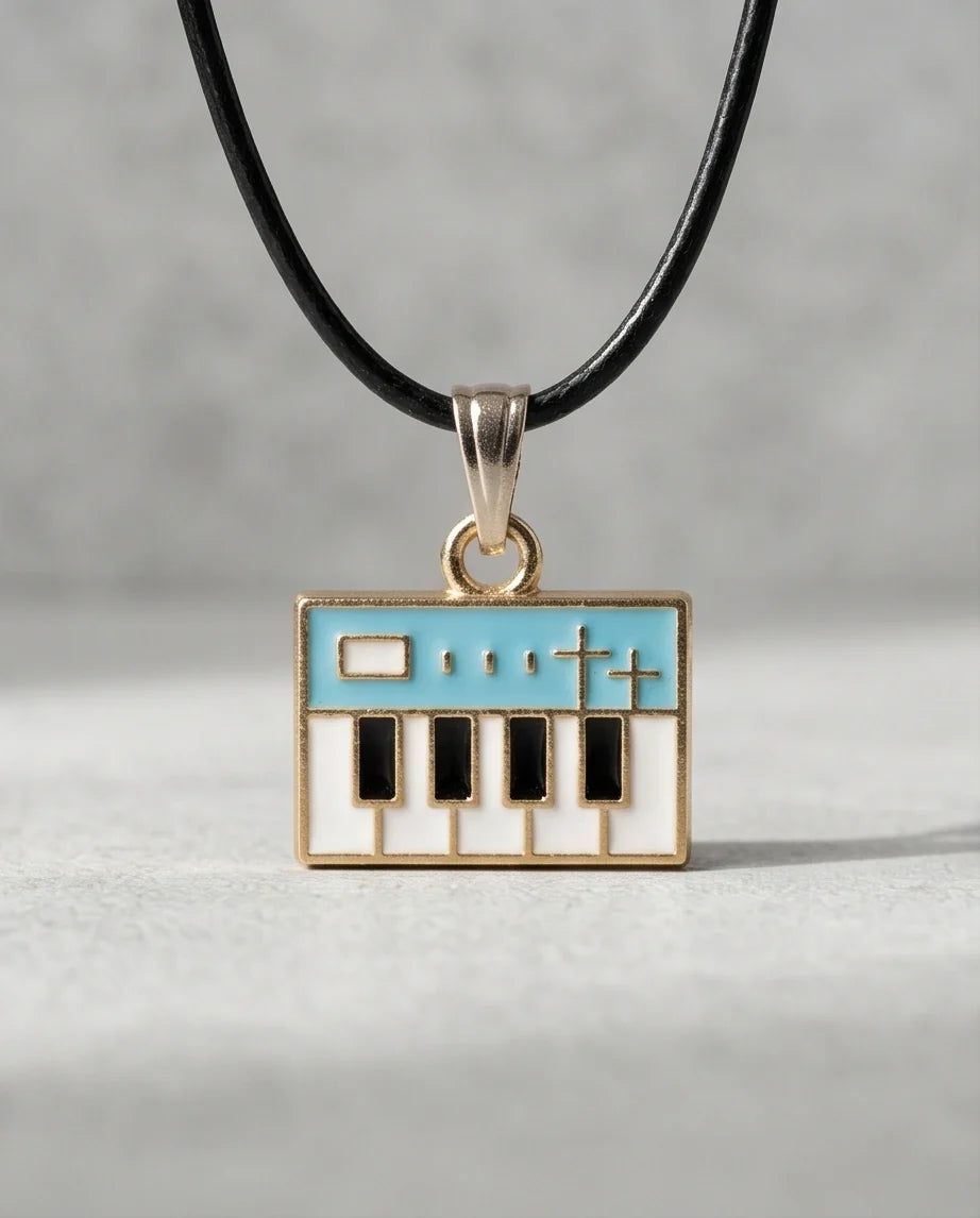Gold and Light Blue Synthesizer Keyboard Necklace