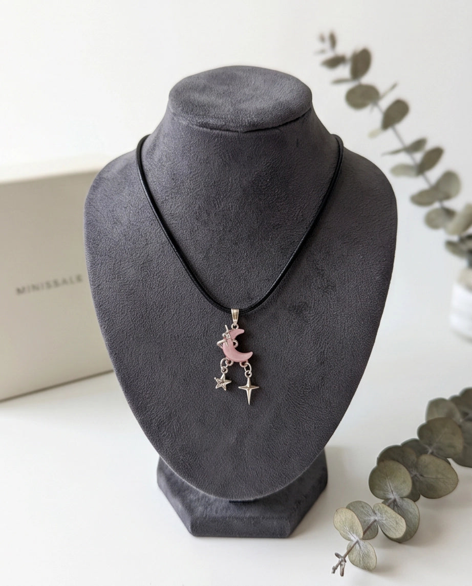 Celestial Pink Moon & Dangle Stars Necklace