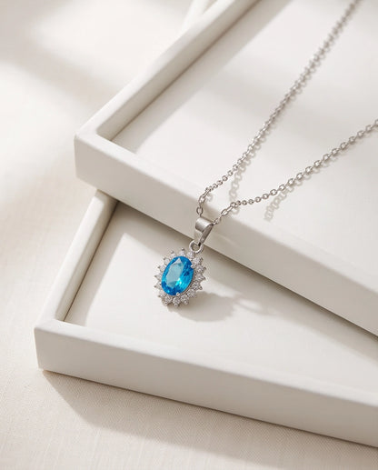Silver Aquamarine Blue Oval Halo Medallion Pendant Necklace