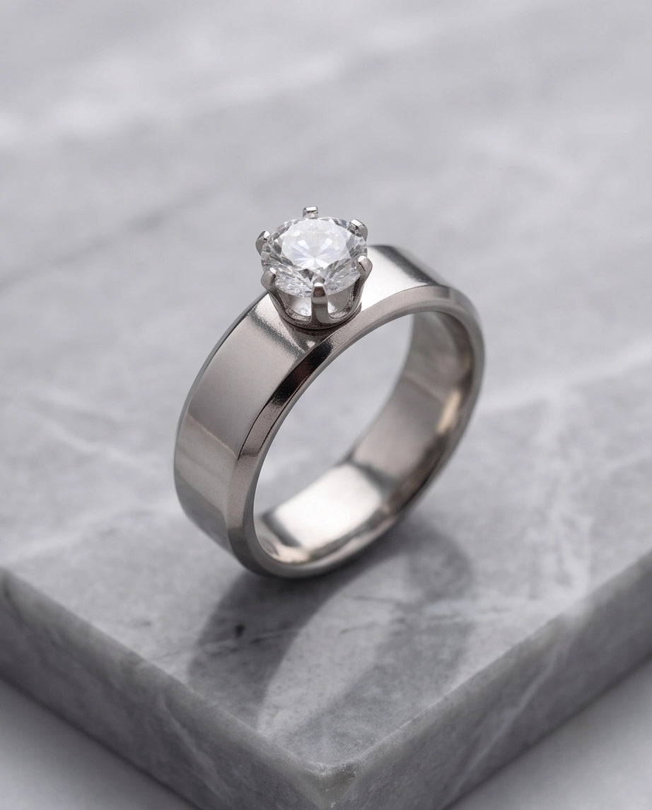 Silver Round Gemstone Crown Solitaire Ring