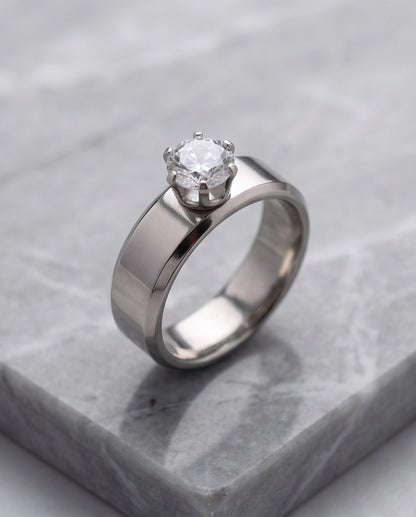 Silver Round Gemstone Crown Solitaire Ring