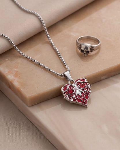 Silver Red Enamel Filigree Heart Pendant Necklace