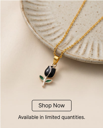 Silver Black Enamel Tulip Pendant Necklace