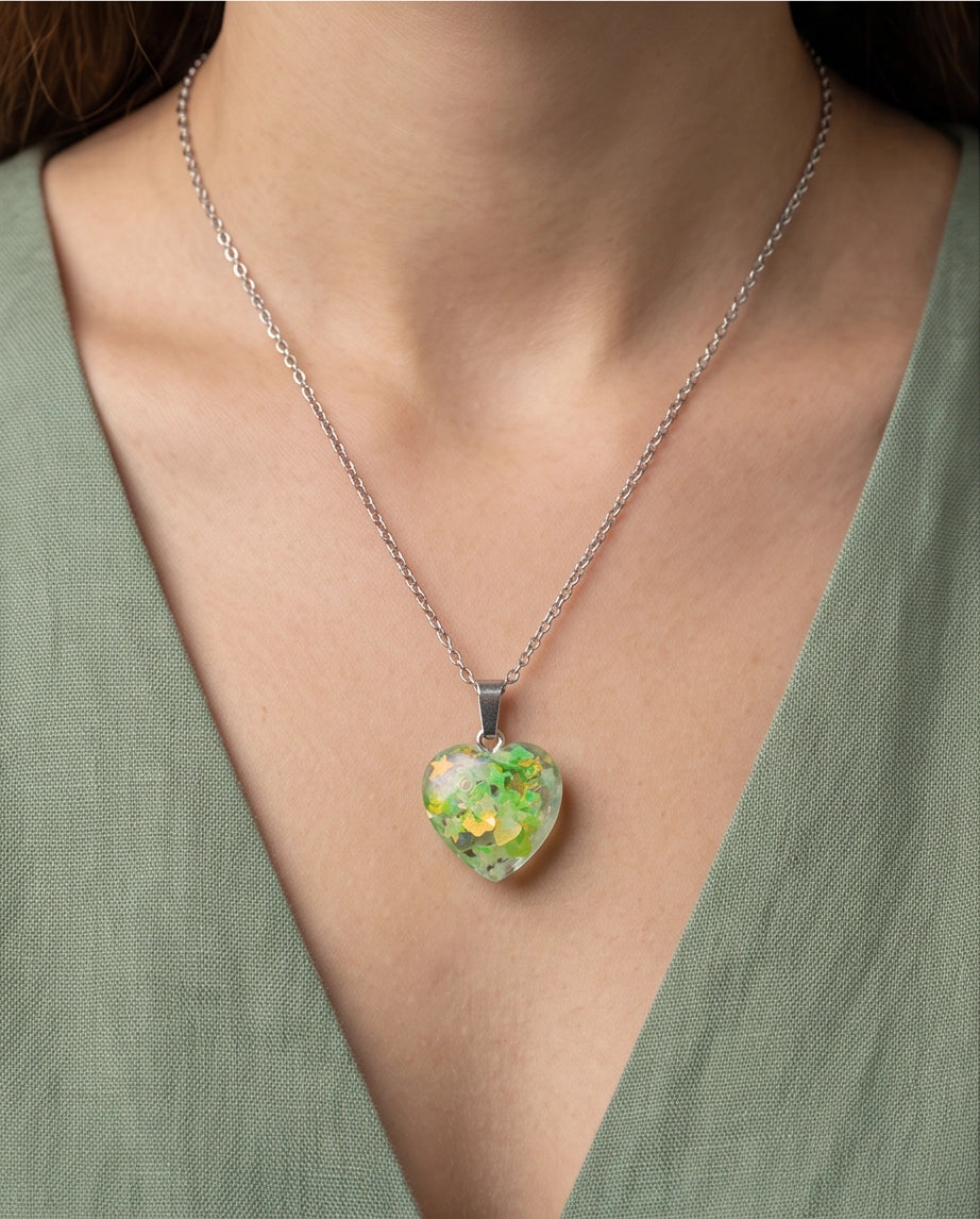 Silver Lime Green Glitter Heart Resin Pendant Necklace
