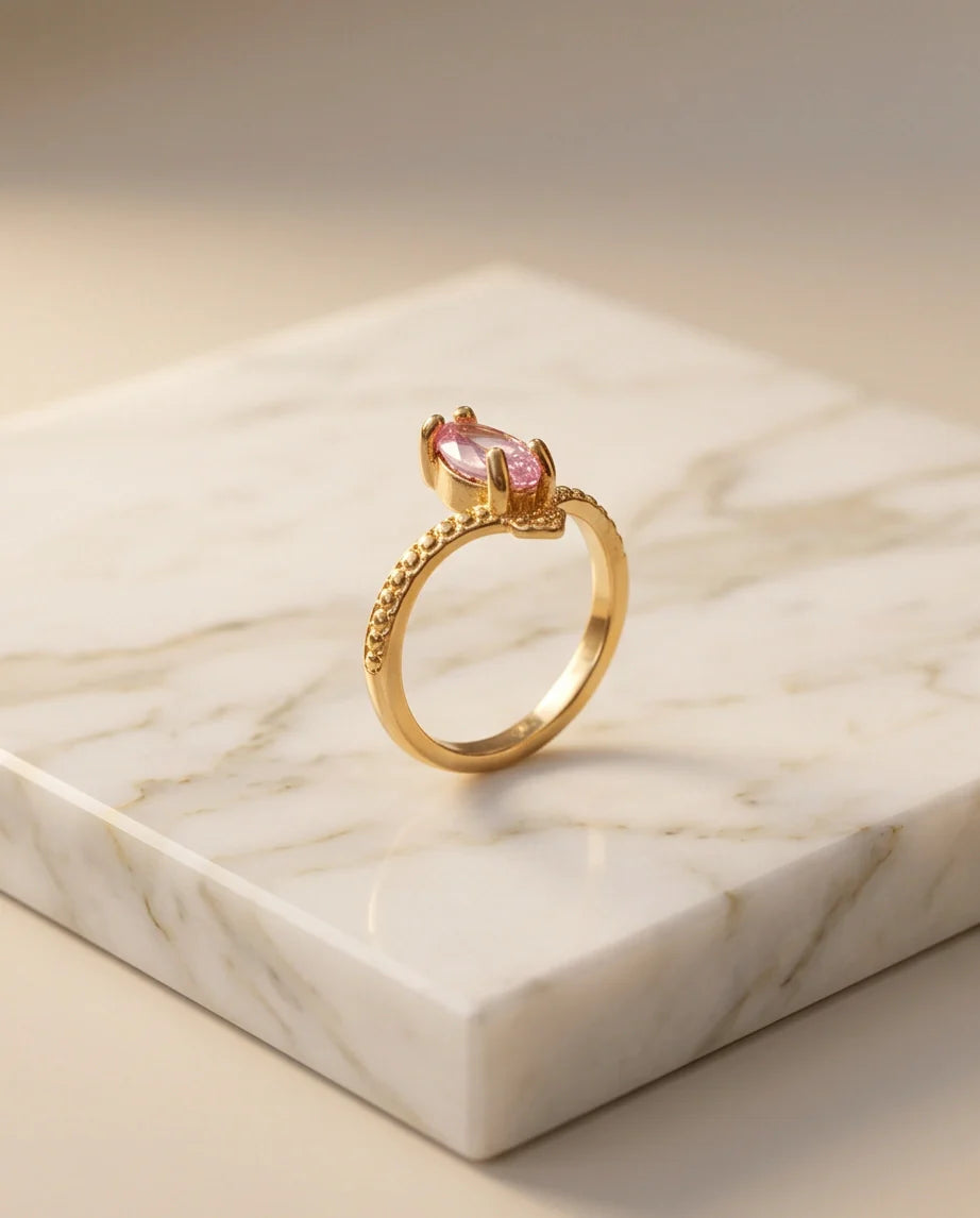 Vintage Gold Marquise Pink Tourmaline Milgrain Ring