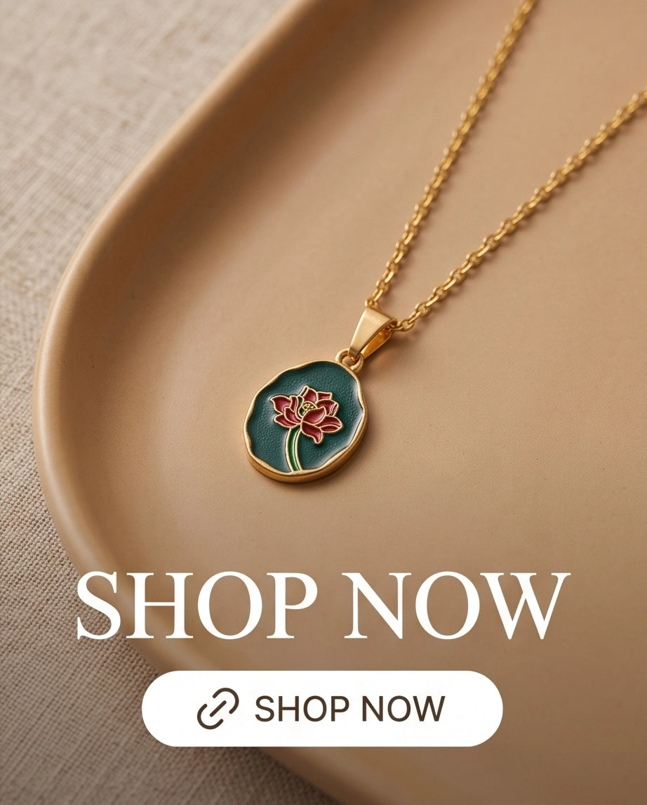 Gold Teal Lotus Enamel Medallion Chain Necklace