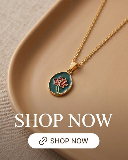 Gold Teal Lotus Enamel Medallion Chain Necklace