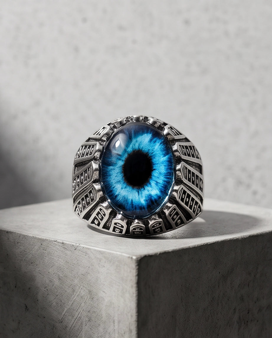 Cerulean Evil Eye Cabochon Architectural Bezel Silver Ring