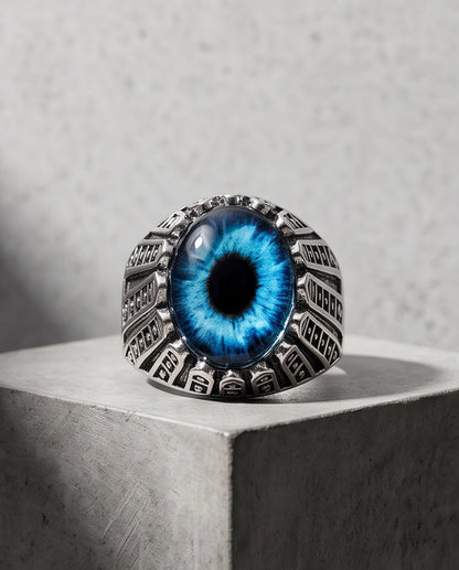 Cerulean Evil Eye Cabochon Architectural Bezel Silver Ring