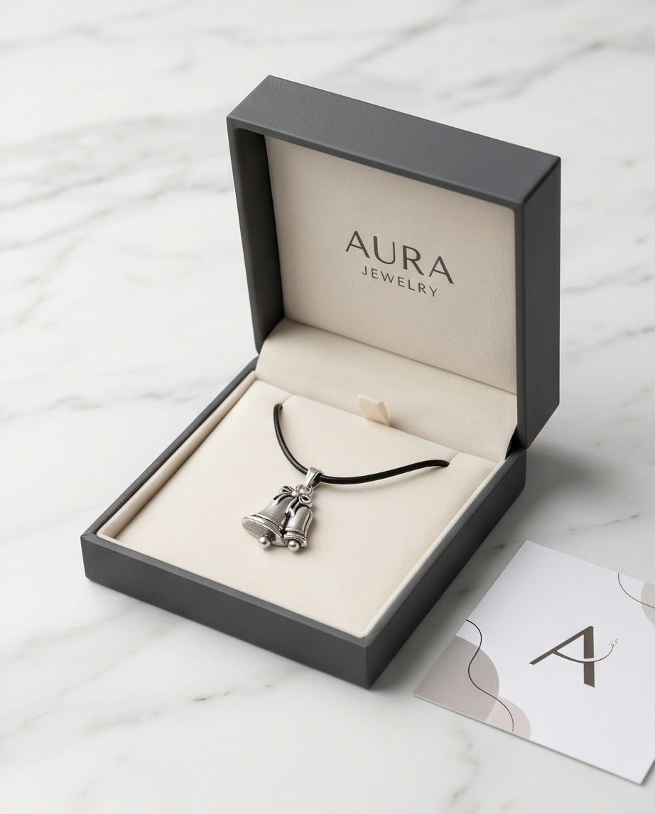 Silver Double Bells Ribbon Pendant Necklace