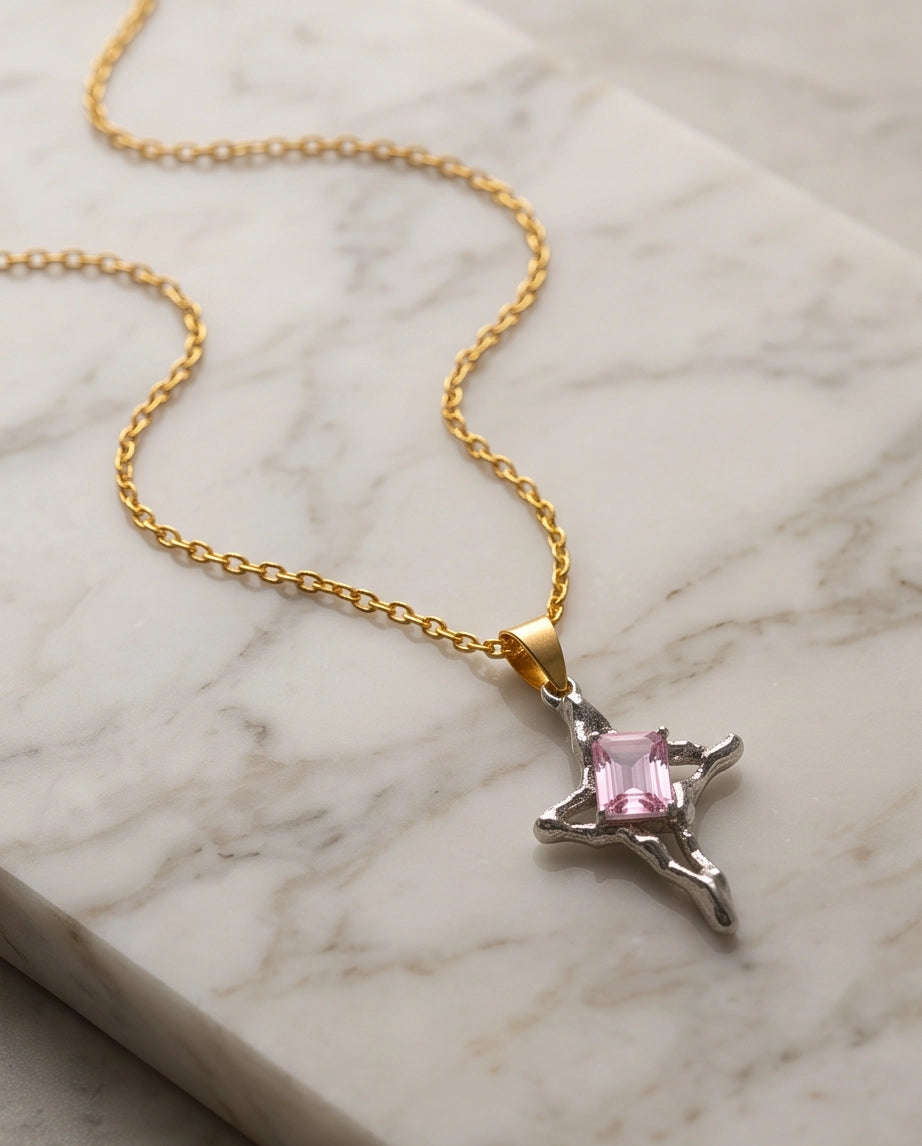 Silver Pink Gemstone Gothic Cross Pendant Necklace