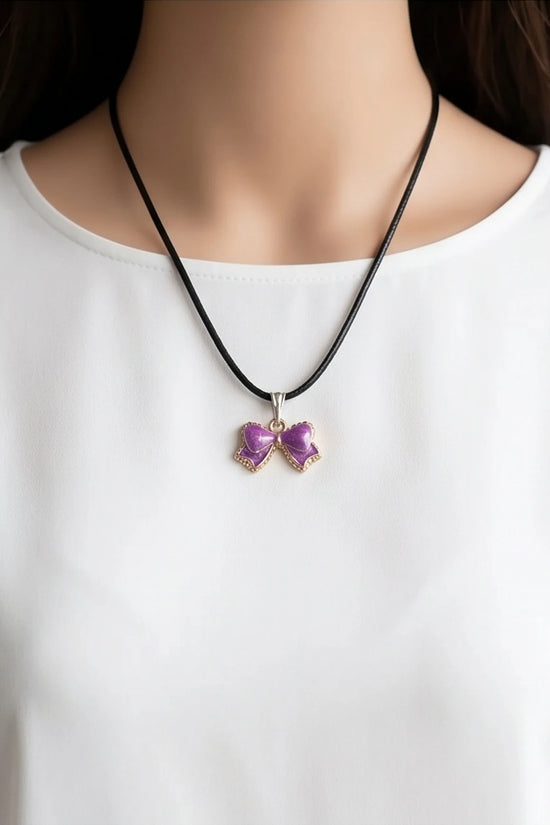 Glossy Purple Bow Enamel Pendant Necklace