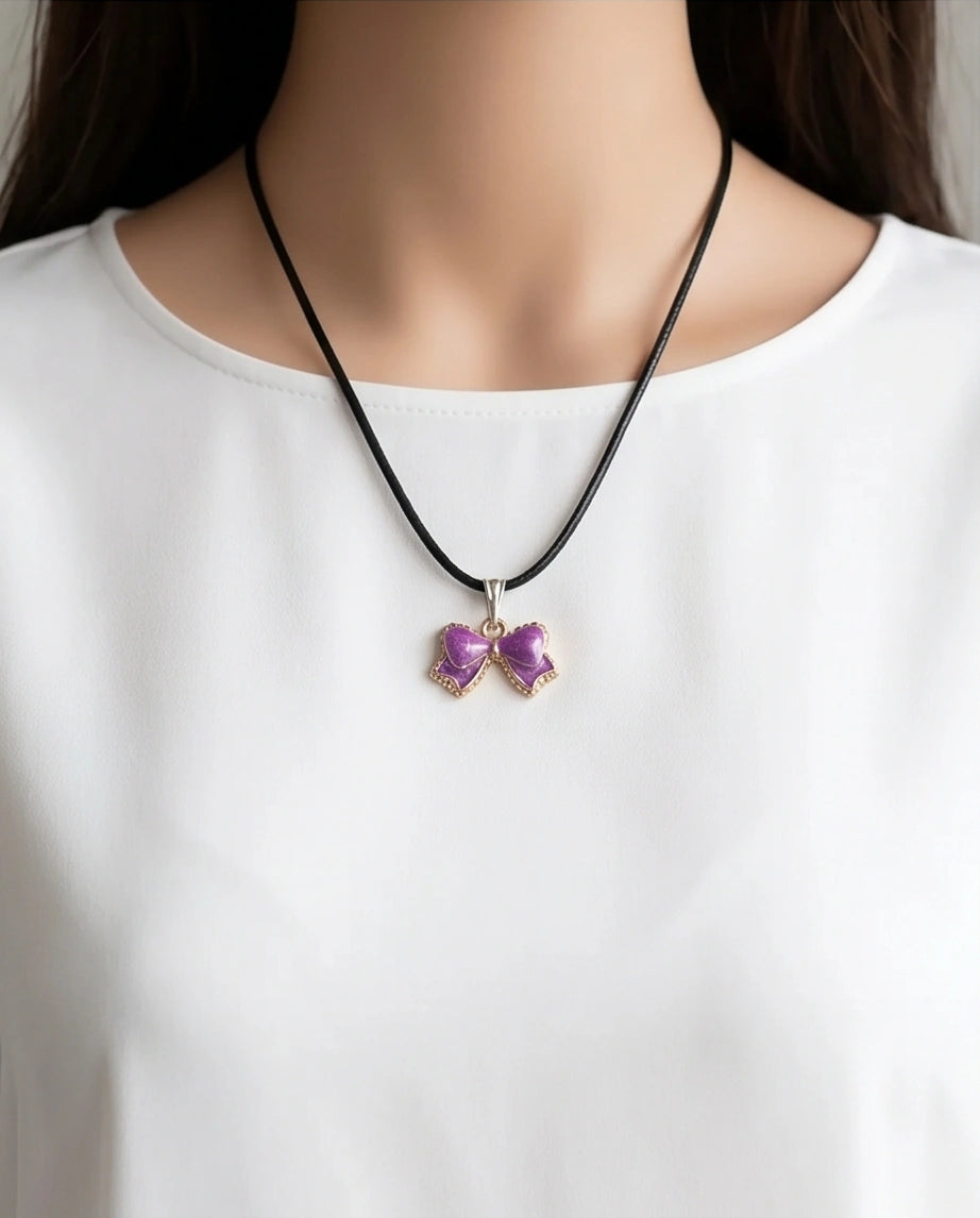 Glossy Purple Bow Enamel Pendant Necklace