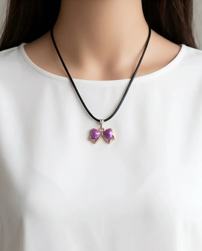 Glossy Purple Bow Enamel Pendant Necklace