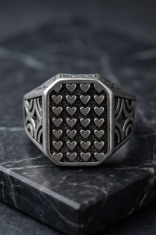 Vintage Sterling Silver Micro-Heart Lattice Signet Ring