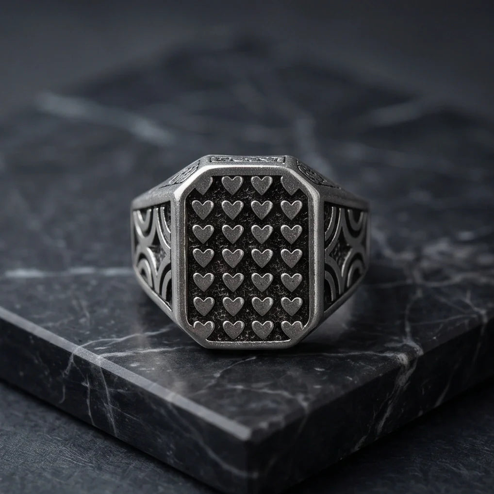 Vintage Sterling Silver Micro-Heart Lattice Signet Ring