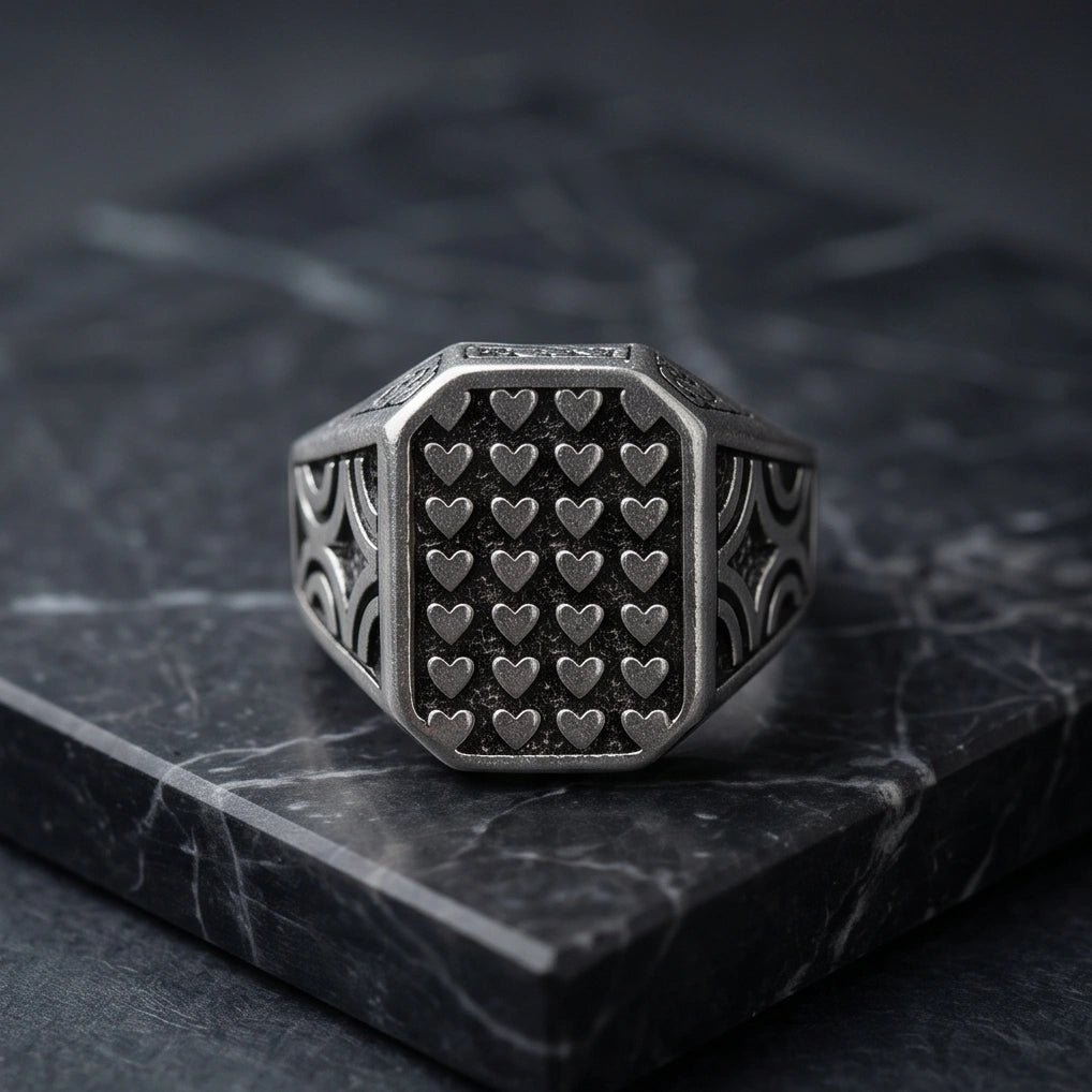 Vintage Sterling Silver Micro-Heart Lattice Signet Ring