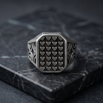 Vintage Sterling Silver Micro-Heart Lattice Signet Ring
