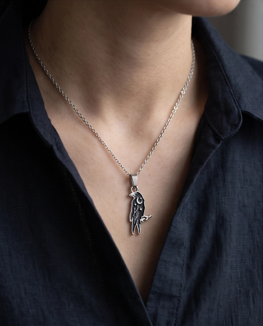 Silver Celestial Raven Pendant Necklace
