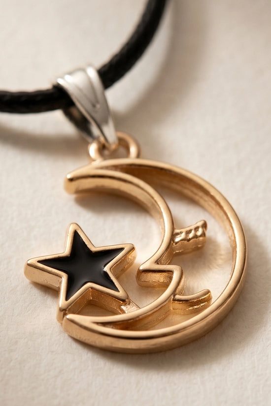 Gold Crescent Moon and Black Star Necklace