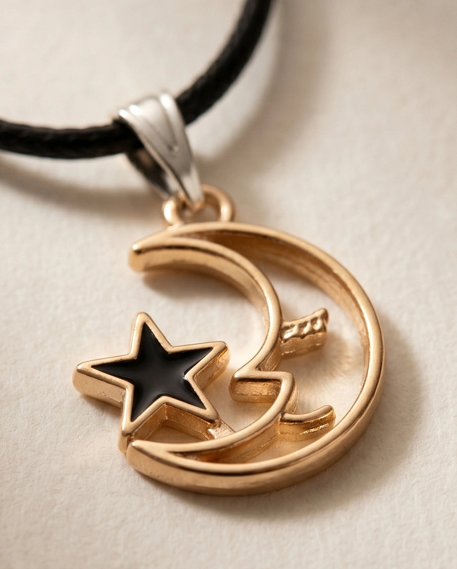Gold Crescent Moon and Black Star Necklace