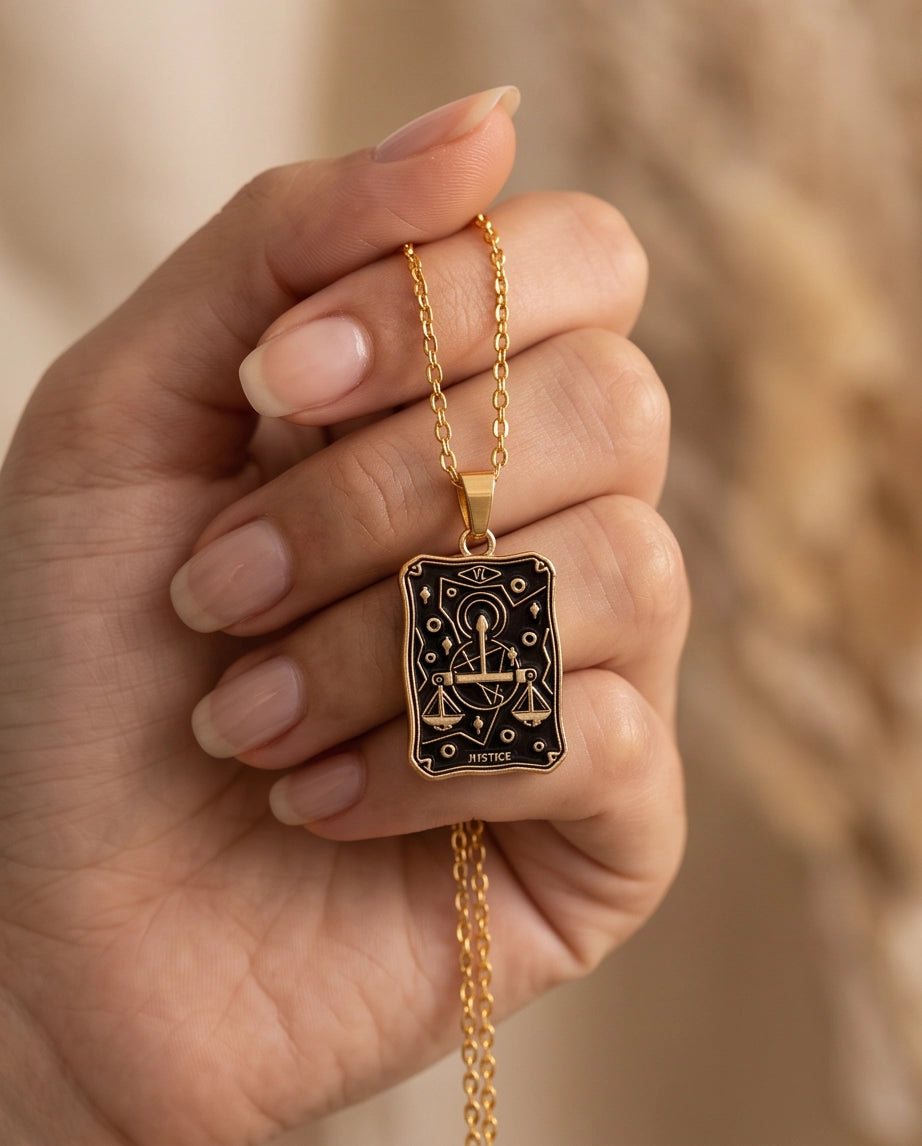 Gold "Justice" Tarot Card Pendant Necklace