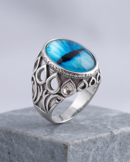 Azure Teardrop Filigree Slit-Pupil Silver Ring