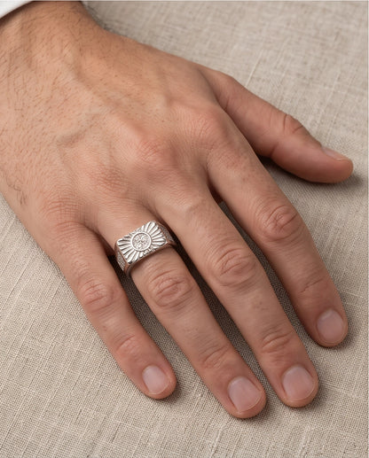 Celestial Sunburst Triple-Crystal Stippled Band Silver Ring