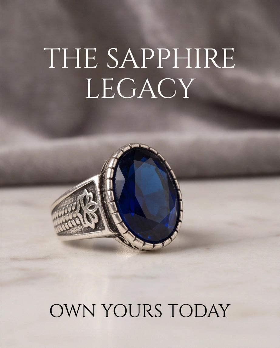 Sapphire Gemstone Notched Bezel Floral Scale Silver Ring