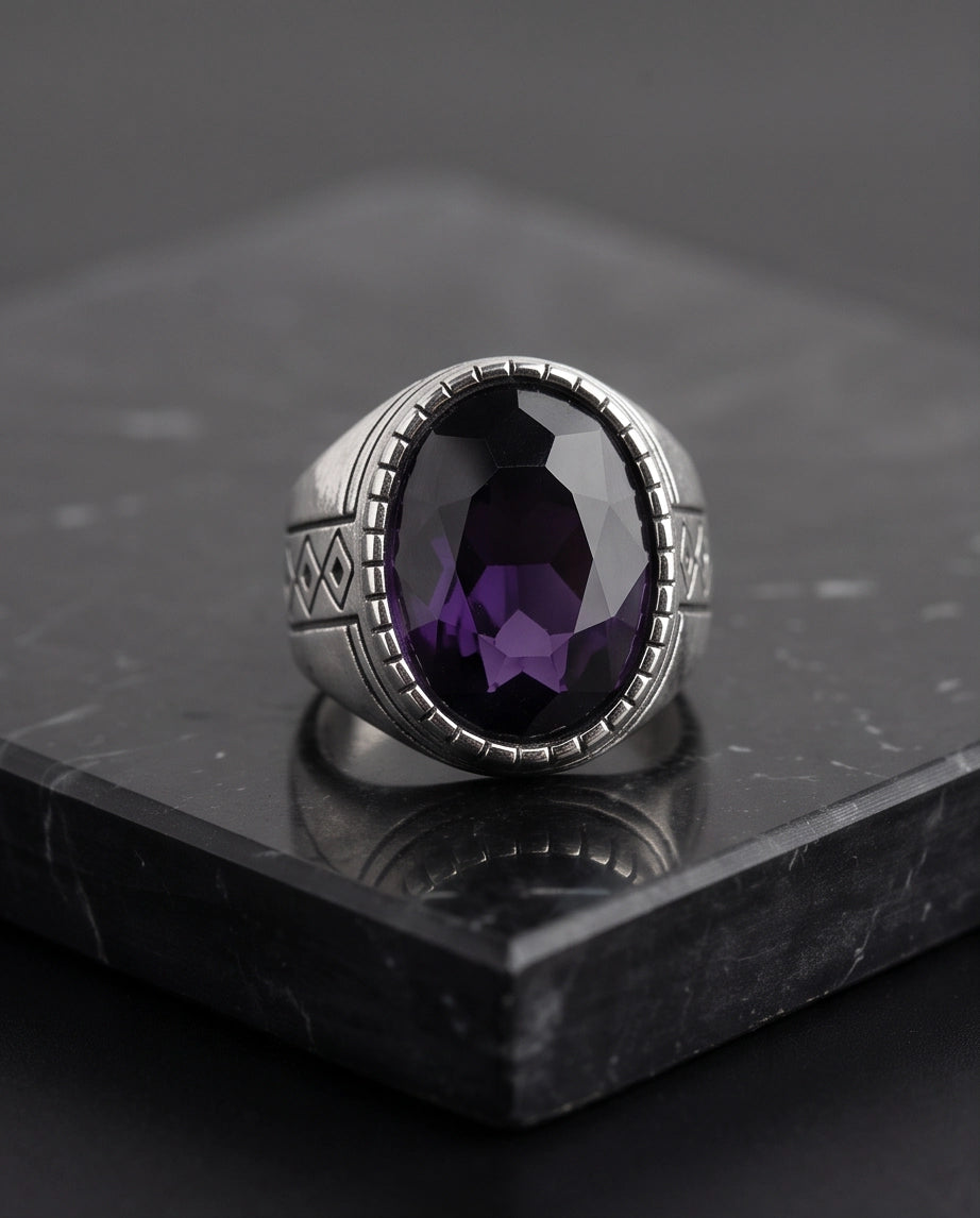 Amethyst Gemstone Notched Bezel Geometric Diamond Silver Ring