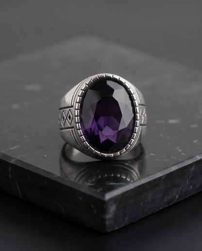 Amethyst Gemstone Notched Bezel Geometric Diamond Silver Ring