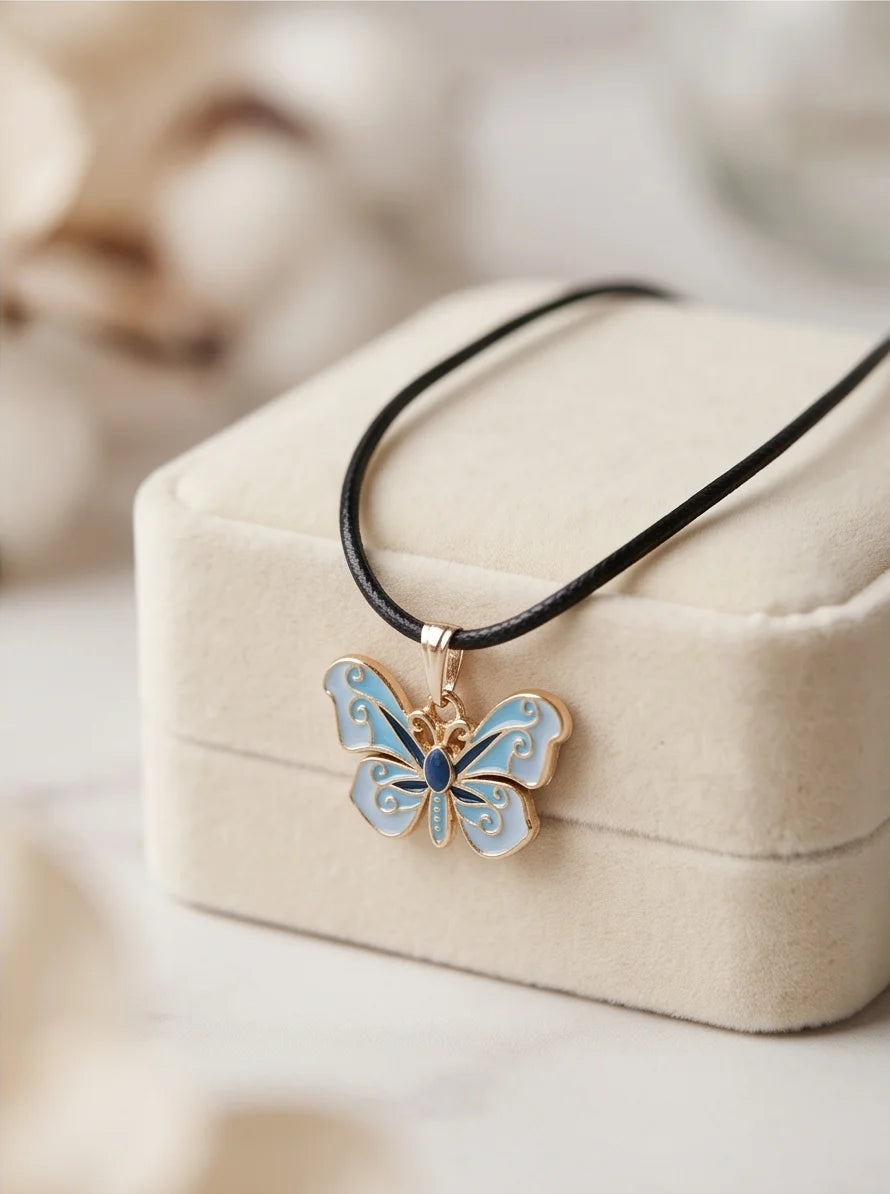 Blue Enamel Butterfly Pendant Necklace