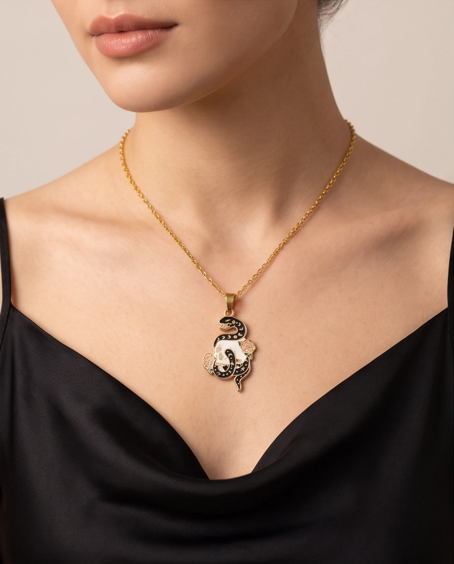 Gold Snake, Skull & Rose Enamel Pendant Necklace