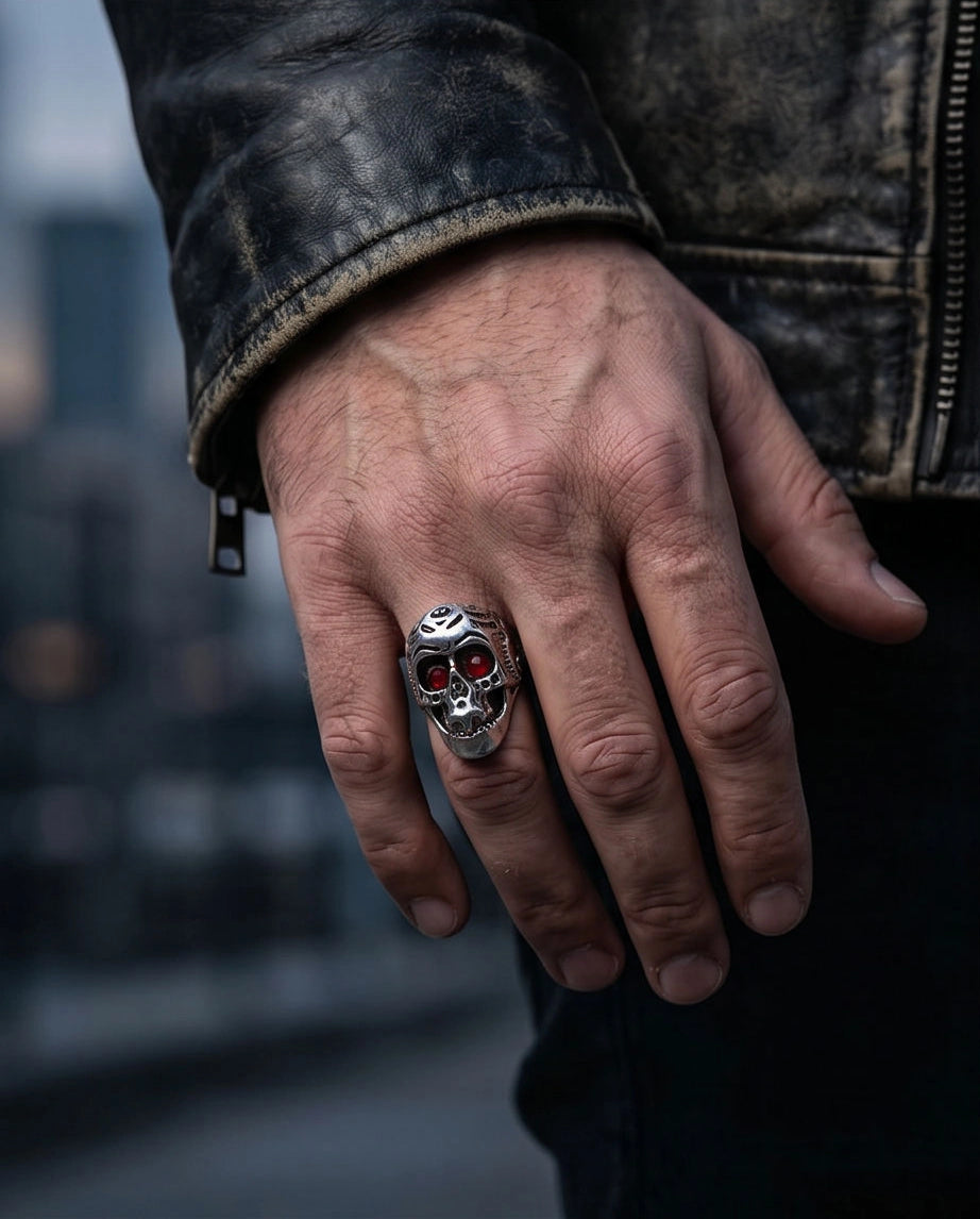 Ruby-Eyed Sculpted Sugar Skull Ring