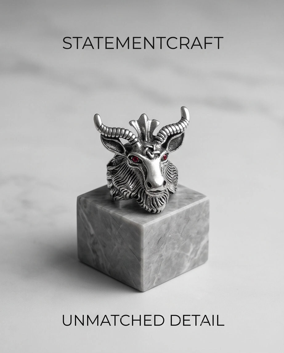 Red-Eyed Sculpted Baphomet Ram Ring