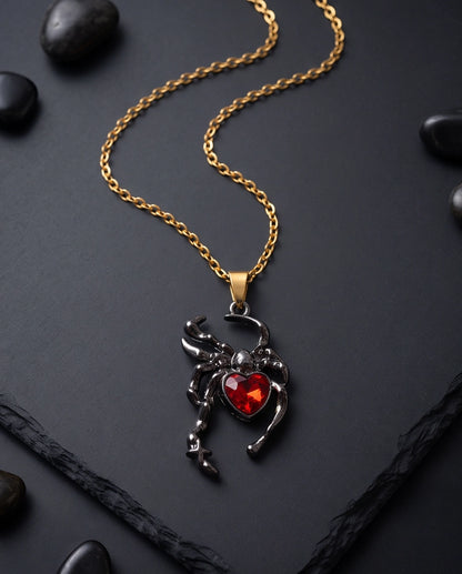 Black Spider Red Heart Crystal Gem Pendant Necklace