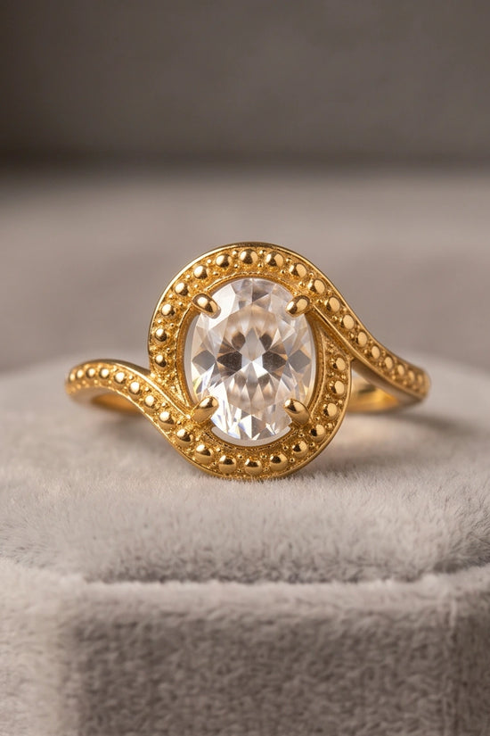 Luxury 14K Gold Oval Moissanite Swirl Beaded Ring