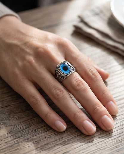 Azure Iris Filigree Octagonal Silver Ring