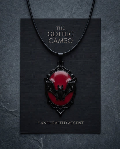 Black Gothic Bat Red Enamel Medallion Chain Necklace