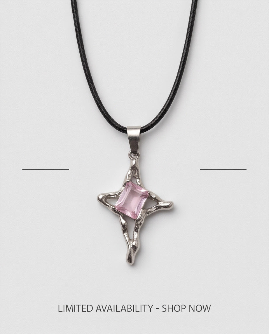 Silver Pink Gemstone Gothic Cross Pendant Necklace