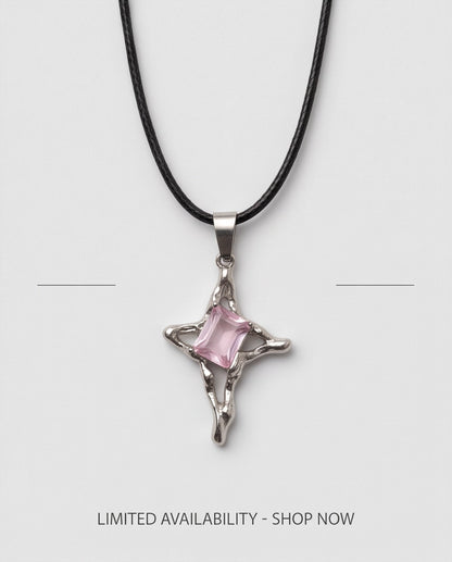 Silver Pink Gemstone Gothic Cross Pendant Necklace